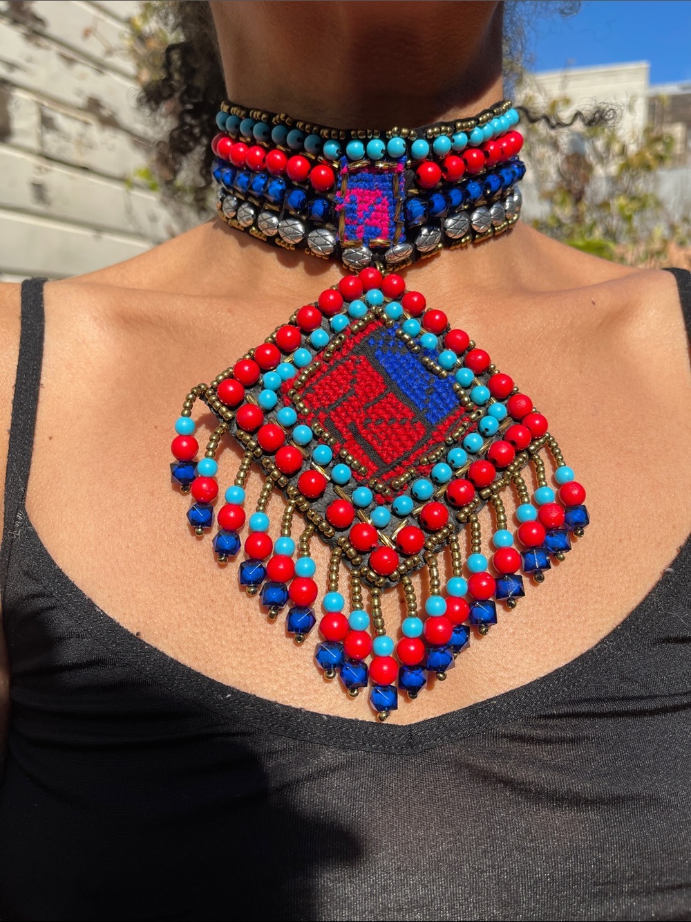 Handmade Red & Blue Beaded Statement Choker Necklace, Ethnic